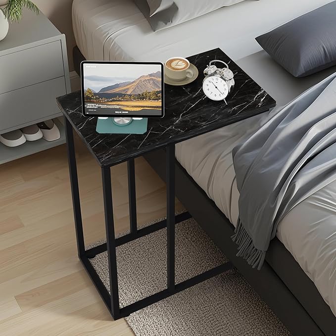 VECELO C Shaped End Side Table for Sofa Couch and Bed Snack TV Tray for Living Room Bedroom, 1 Set, Black Marble