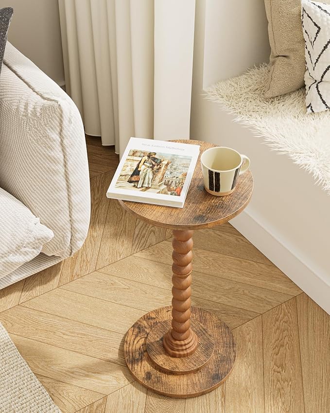 Masupu Round Side Table, Small Drink Table for Small Spaces, Pedestal End Table with Solid Wood Leg for Living Room, Bedroom, Corners(Rustic Brown)