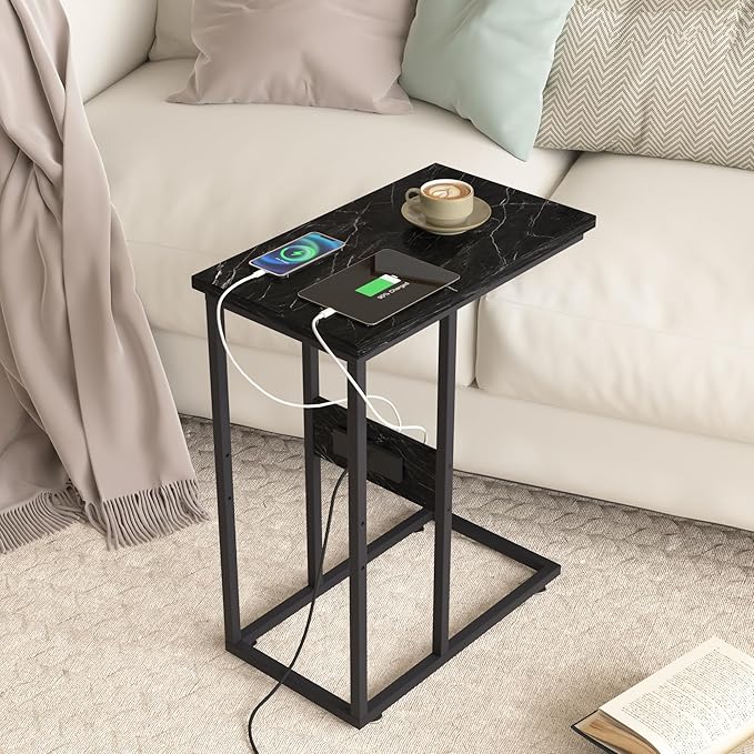 VECELO C Shaped End Side Table with Charging Station & Power Outlets for Couch Sofa/Bed Snack TV Tray with Metal Frame for Living Room Bedroom 1 Set, Black Marble