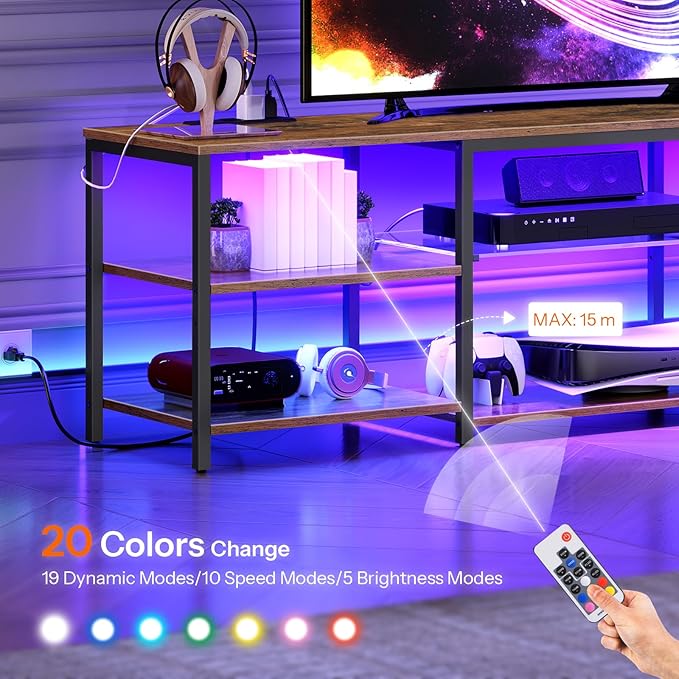 HOOBRO LED TV Stand for 75 Inch TVs with Charging Station, Gaming Entertainment Center with Open Storage, Media TV Console Table, TV Stand for Living Room, Bedroom, Rustic Brown and Black BF21UDDS01