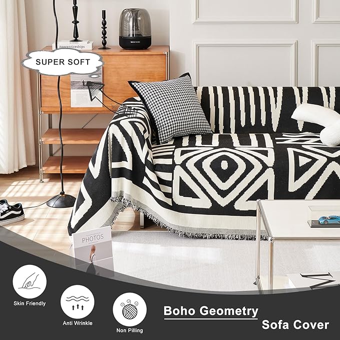 STACYPIK Boho Geometric Sofa Cover Chenille Beige Black Couch Cover for Dog Pet Friendly Couch Protector for 3-4 Cushion Couch Non-Slip Jacquard Sectional Couch Cover Tassels Sofa Slipcover-71x150IN