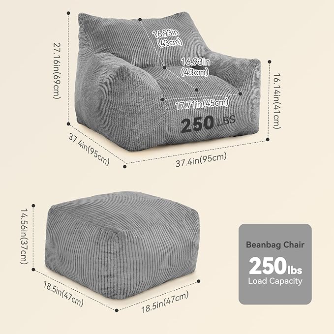 INMOZATA Bean Bag Chair for Adults, 3FT Beanbag Chair with Ottoman Pre-Filled Fluffy Lazy Chair Corded Fabric Accent Chair for Bedroom Living Room Dorm (Gray)