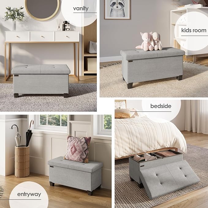STORAGEBUD Storage Ottoman Bench with Bins, 30-in Storage Bench for Bedroom End of Bed, Folding Foot Rest Ottoman for Living Room Max 660lbs, Fabric Ottomans, Light Grey