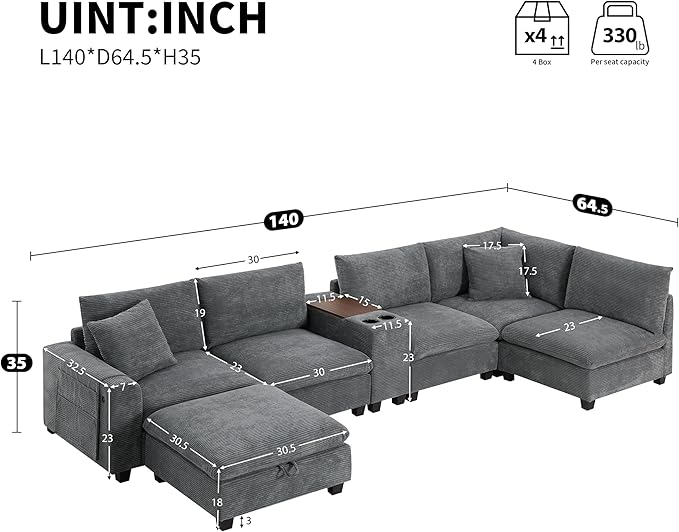 Merax 140'' Oversized Modular Sectional Sofa with Storage Ottoman and Console, Removable Storage Pockets, Cup Holder, Wide Seat, USB Charger, 6 Seat U Shaped Chenille Couch Set for Living Room, Gray