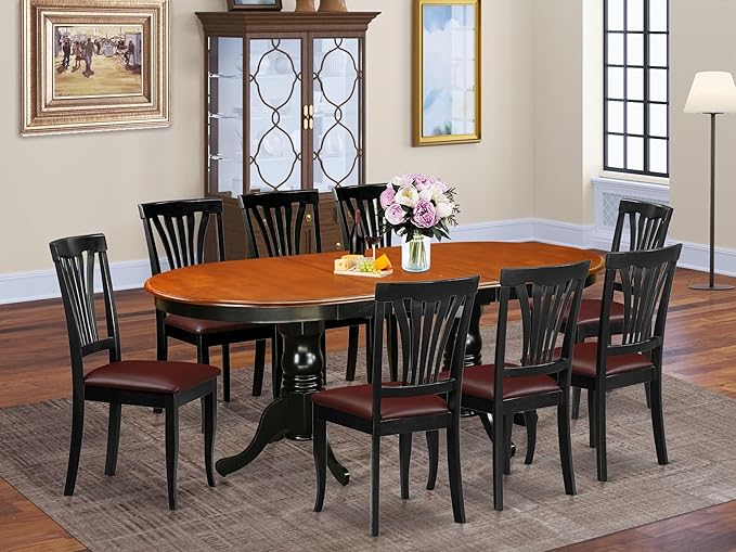 East West Furniture PLAV9-BCH-LC 9 Piece Dining Room Table Set Includes an Oval Kitchen Table with Butterfly Leaf and 8 Faux Leather Upholstered Dining Chairs, 42x78 Inch, Black & Cherry