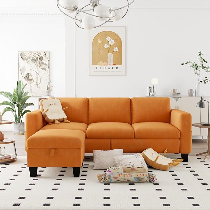 ZeeFu Convertible Sectional Sofa Couch,Classic 3 Seat L-Shaped Sofa Set with Movable Ottoman, Modern Orange Velvet Upholstered Small Sectional Sofa Couch for Small Space Apartment Living Room Office