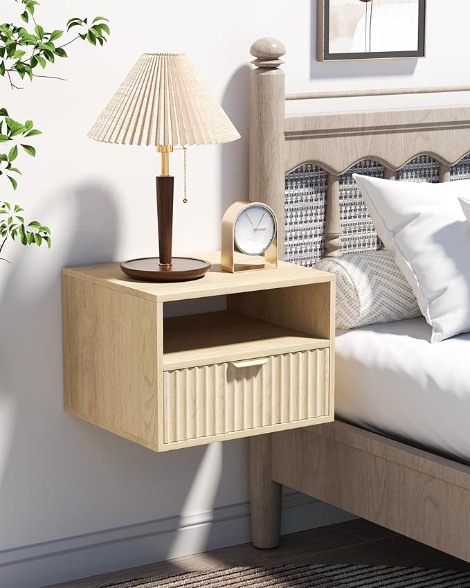 Floating Nightstand Set of 2 - Fluted Night Stand with Charging Station Wood Wall Mounted Nightstand with Drawer & Open Shelf, Modern Bedside Table Large End Table for Bedroom Closet