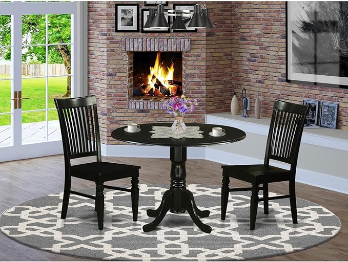 East West Furniture DLWE3-BLK-W 3 Piece Dining Room Table Set Contains a Round Kitchen Table with Dropleaf and 2 Dining Chairs, 42x42 Inch, Black