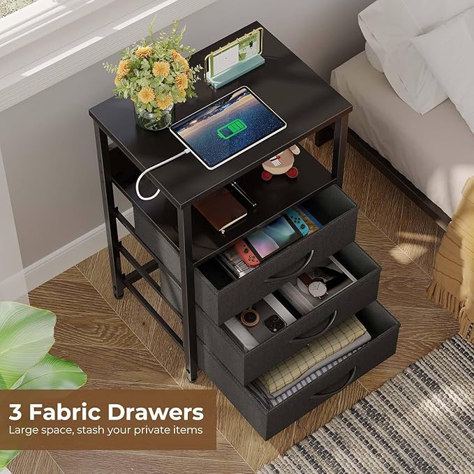 Seventable Nightstand with Charging Station and LED Light, Set of 2 Side Table with 3 Fabric Drawers, Bedside End Table with USB Ports and Outlets, Night Stand for Bedroom, Black