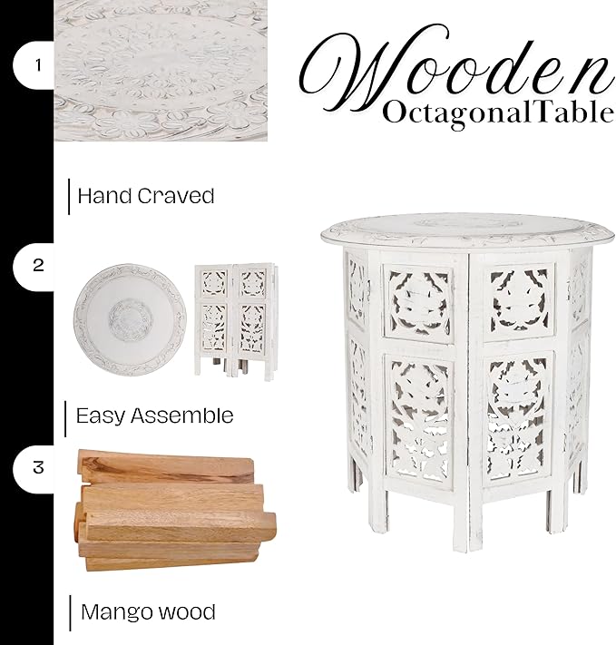 The Wooden Town Handcrafted White Wood End Table - Antique Finish, Small Accent Table 18"x18" for Living Room, Bedroom, Sofa Side or Nightstand Use