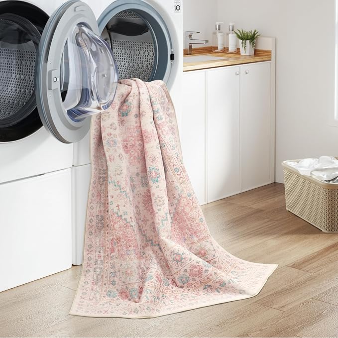 zesthome 8x10 Area Rugs for Girls Bedroom, Non-Slip Backing Washable Rugs, Vintage Large Pink Rug, Stain Resistant Nursery Room Rug (Pink/Blue,8'x10')