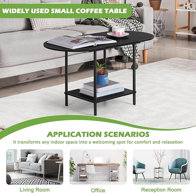 ETELI Black Coffee Tables for Living Room 2-Tier Small Oval Coffee Table Wood Accent Coffe Tables with Storage Shelf Modern Mesa De Centro Sala for Small Space, Home Office