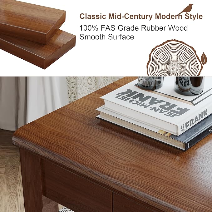 Solid Wood Desk with Drawers - 55 x 16 Inch Vintage Narrow Desks, Mid Century Modern Desks, Rubber Wood Study Table, Home Office Writing Desk for Bedroom|Small Spaces - Walnut Color