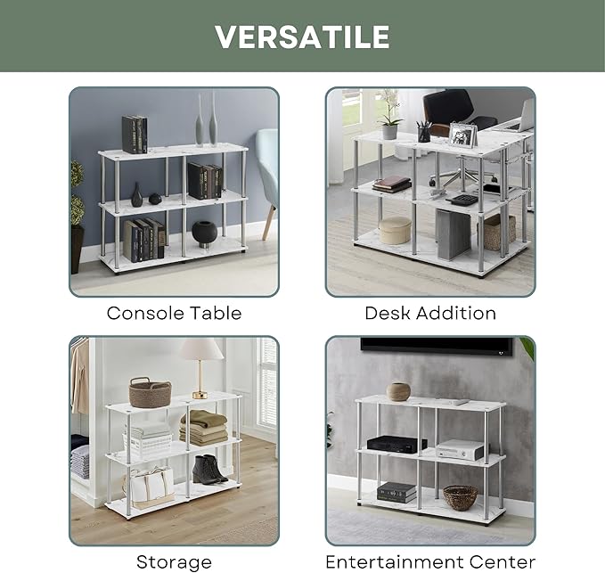 Convenience Concepts Designs2Go No Tools 3 Tier Wide Console Table 42" - Modern Accent with Shelves for TV Media Center, Office Desk Extension, Entryway Display, & Home Storage, White Faux Marble
