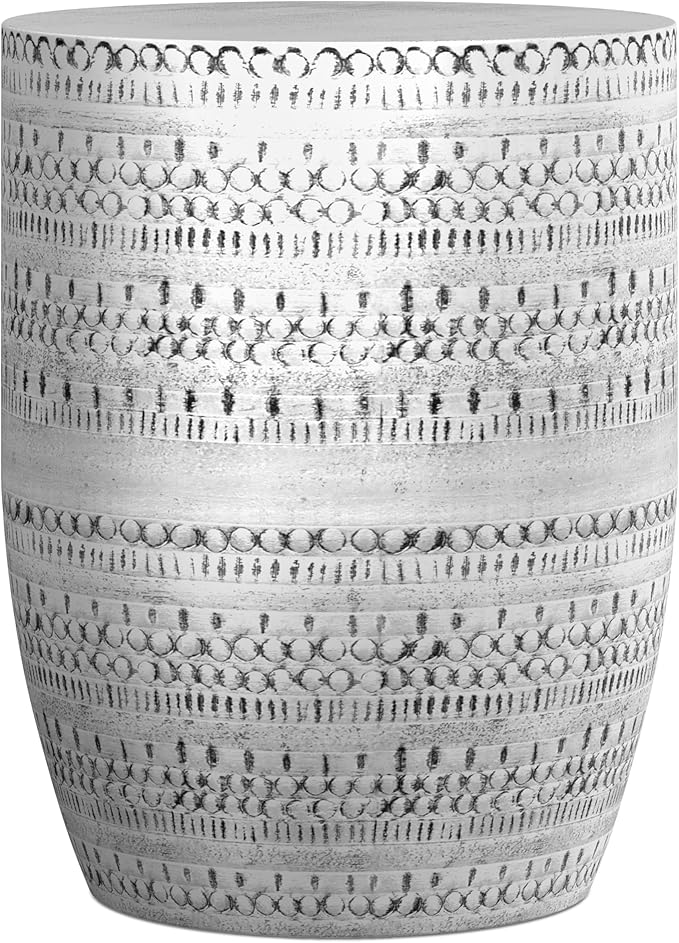 SIMPLIHOME Johnsen Metal Table - 15 inch Wide Solid Iron Drum Accent Table in Antique Silver with Tribal Pattern, Round Boho End Table for Living Room, Bedroom, or Home Office, Fully Assembled