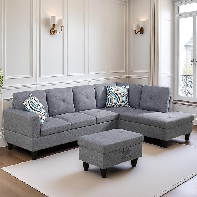 L Shaped Sectional Couch Sofa, Modern Couches for Living Room, Comfy 4 Seat Modular Sectional Sofa with Ottoman Storage for Bedroom Apartment, Gray