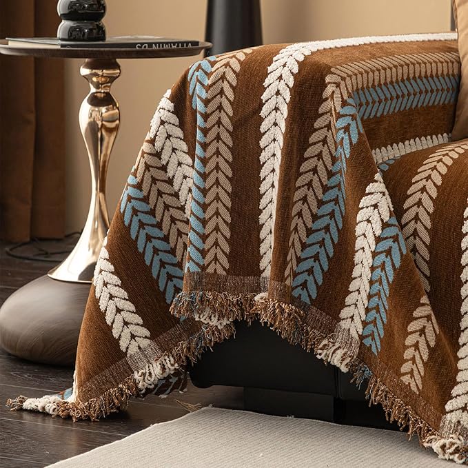 STACYPIK Khaki Jacquard Leaves Sofa Cover, Vintage Couch Cover for Dogs, Washable Pet Protector for 3 Cushion Couch, Non-slip Chenille Sofa Covers for Loveseat, Boho Couch Cover for Sectional-71X134IN