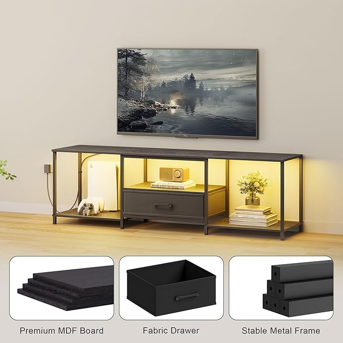 TV Stand with LED Lights, Entertainment Center with Open Shelves and Fabric Drawer, Media Console for 75 Inch TV, Television Stands for Living Room, Bedroom, Black