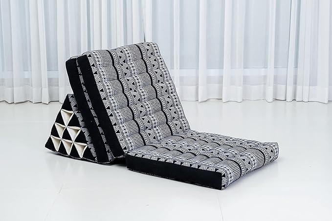 Leewadee - Comfortable Japanese Floor Mattress - Thai Floor Bed with Triangle Cushion - Futon Mattress - Thai Massage Mat, 67 x 21 inches, Black White, Kapok Filling