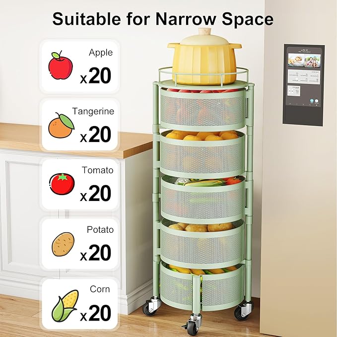 SAYZH Fruit Vegetable Basket for Kitchen, Rotating Storage Rack, 5 Tier Rolling Cart with top lid, Large Metal Wire Basket for for Potato Onion Snack, Black (Green)
