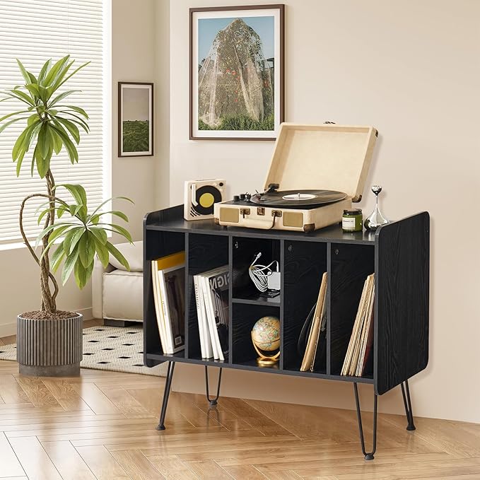 Large Record Player Stand with Vinyl Storage, Black Record Player Table with Power and USB Port, Holds Up to 200 Albums, Turntable Stand with Record Storage, Vinyl Record Player Storage Cabinet