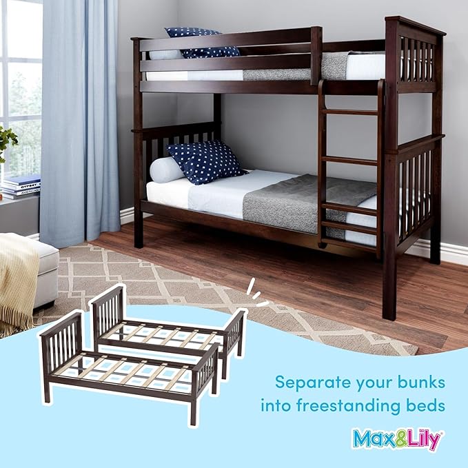 Max & Lily Bunk Bed Twin over Twin, Solid Wood Bunk Bed Frame with Ladder for Kids, 14" Safety Guardrails, Easy Assembly, No Box Spring Needed, Espresso