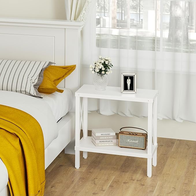 Narrow End Table, Large Sofa Side Table, Farmhouse Nightstand with Storage Shelve, Slim Bedside Table for Living, Room Bedroom, Lounge White MLBZ17W