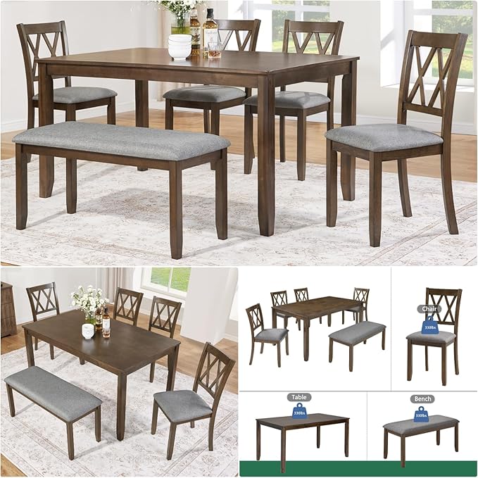 Dining Table Set, Wooden Kitchen Table Set with Rectangular Table, 4 Vertical X Backrest Upholstered Chairs & a Bench, Table and Chairs with Non-Slip Feetmats for 6 People, Living Room, Walnut