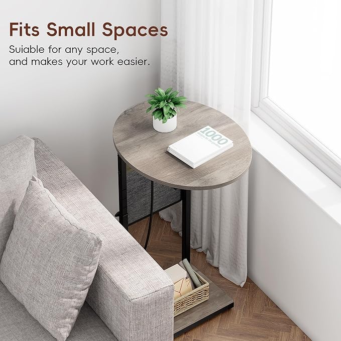 Vagusicc C Shaped End Table with Charging Station, 32" Tall Side Table for Couch and Recliner, Adjustable Height Small Couch Side Table Slide Under Sofa TV Tray Table for Living Room, Bedroom, Greige