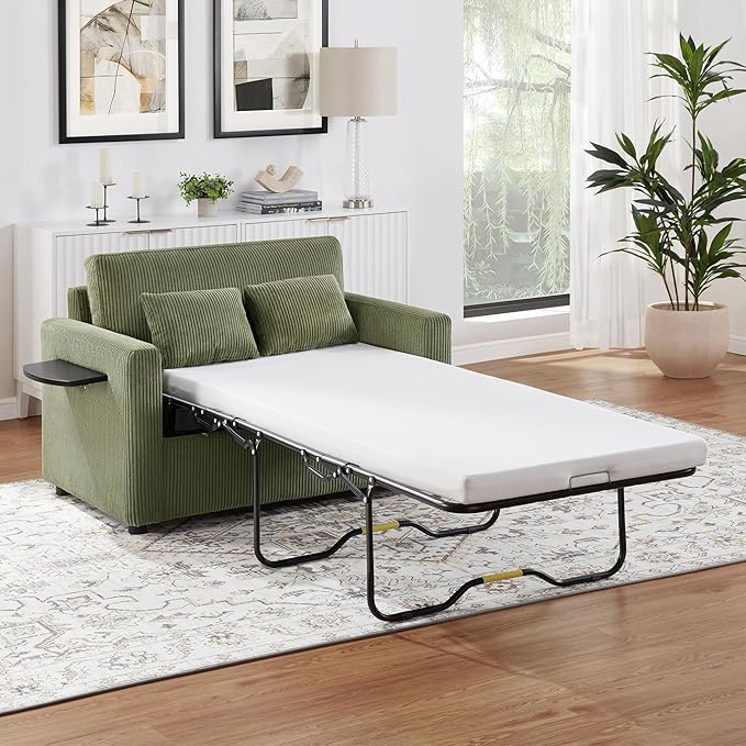 Twin Size Sofa Bed 47.2" Sleeper Sofa Loveseat Sofa with a Foldable Mattress, a Foldable Side Table, a Side Storage Pocket and Two USB Ports for Living Room, Green