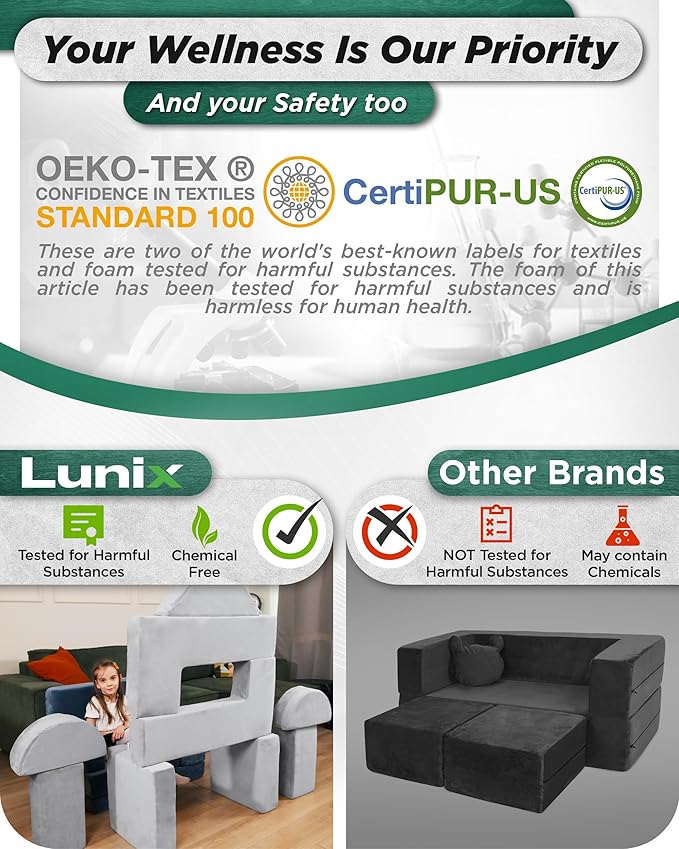 Lunix LX22 11pcs Modular Kids Play Couch, Child Sectional Sofa, Fortplay Bedroom and Playroom Furniture for Toddlers, Convertible Foam and Floor Cushion for Boys and Girls, Gray