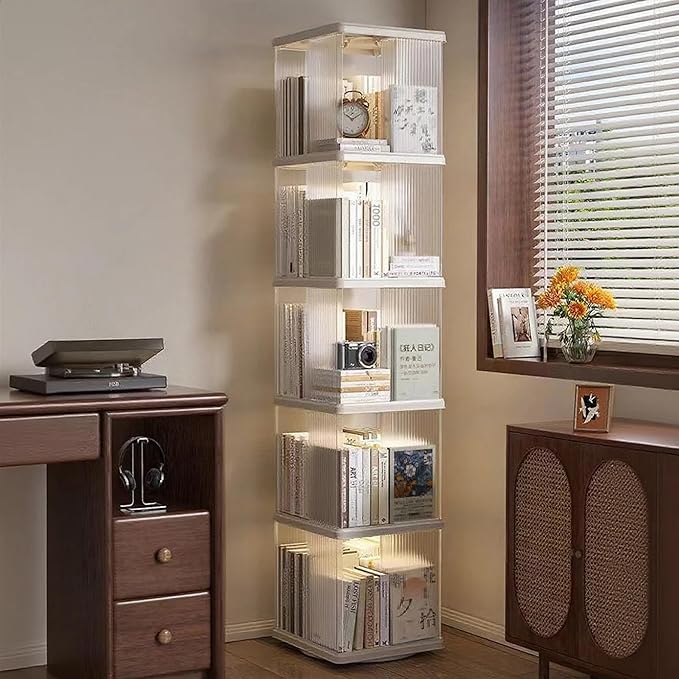 Rotating Bookshelf Tower,360° Rotating Bookshelf,66 inch High Small Space Revolving Bookcase, Suitable for Spinning Bookshelf Tower in Home and Office (White, 5 Tier, 14x14x66)