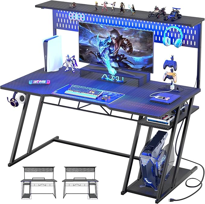 Armocity Gaming Computer Desk with Hutch and LED Lights, 53'' Black Gaming Desk with Storage Shelves, Reversible PC Gamer Desks with Pegboard, Ergonomic Desk for Bedroom, Carbon Fiber Surface