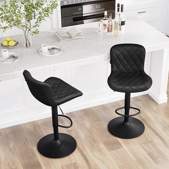 YOUNUOKE Bar Stools Set of 2 Faux Leather Barstools with Back Modern Swivel Counter Height Stool Adjustable High Bar Chairs for Kitchen Islands, Black
