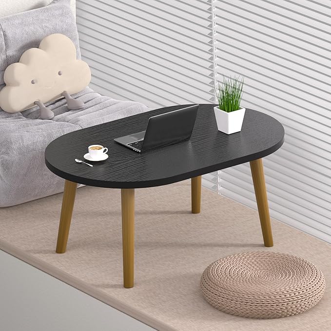 Small Coffee Table for Small Space, Low Table, Floor Table Desk for Sitting on The Floor, Japanese Coffee Table for Living Room, Tatami Tea Tables with Solid Wood Legs, Oval Coffee Tables, Black