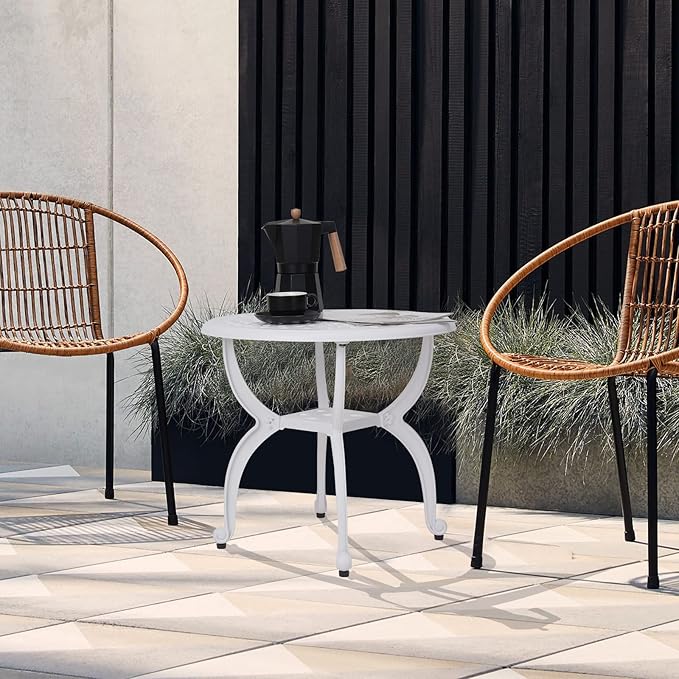 JARDIN DE CENTENNIAL Cast Aluminum Outdoor Side Table,Anti-Rust Outdoor End Table,Patio Coffee Bistro Table for Indoor,Garden,Porch,Balcony(Round White)