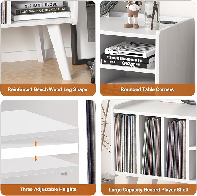Forevich Record Player Stand Table with Vinyl Storage Holder Large Turntable Record Stand with Power Outlet Holds Up to 220 Albums Display Shelf Cabinet with Wood Legs for Living Room White