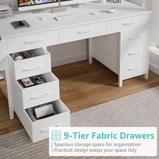 Lufeiya 47 Inch Computer Desk with 9 Drawers, Office Desk Work Desk for Home Office, Study, Writing, Vanity Desk with Fabric Drawers on Both Sides, Large Storage, White