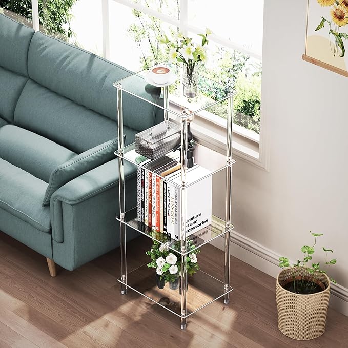 Clear Acrylic Side Table, 15.7" L x 11.8" W x 38.7" H, 4-Tier End Table for Living Room, Small Modern Bedside Tables Nightstand for Bedroom, Home Decor Accent Table JJ0011-01