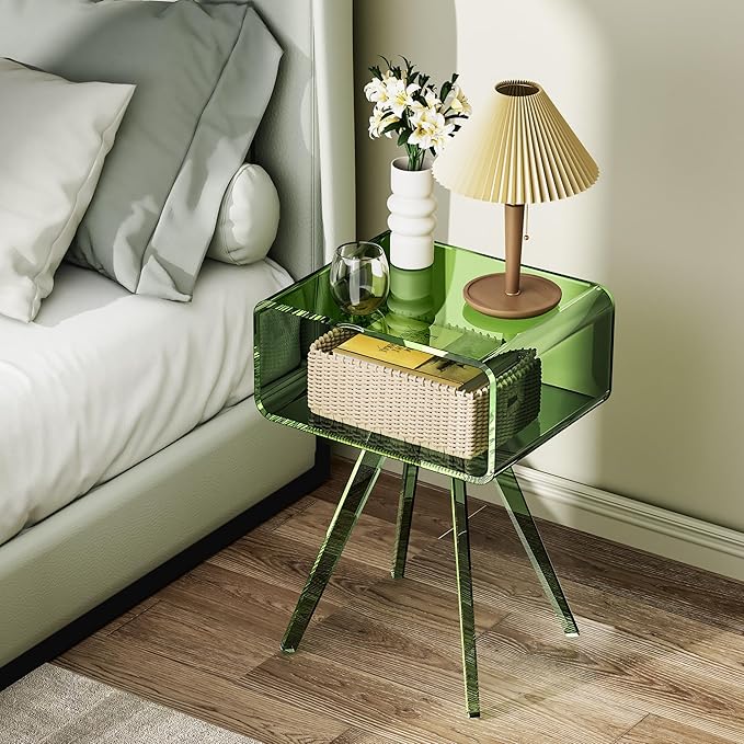 Acrylic Side Table, Acrylic Nightstand Bedside Table for Bedroom (Green, 16.5'' x 11.8'' x 21.6'')