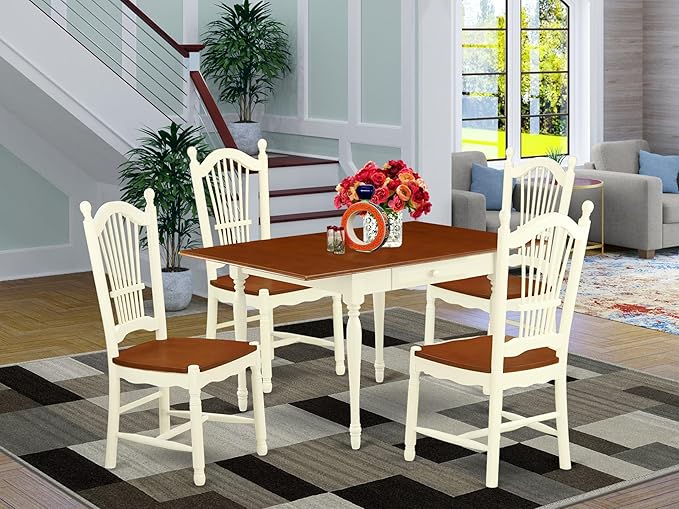 East West Furniture MZDO5-WHI-W 5 Piece Dining Room Furniture Set Includes a Rectangle Kitchen Table with Dropleaf and 4 Dining Chairs, 36x54 Inch, Buttermilk & Cherry