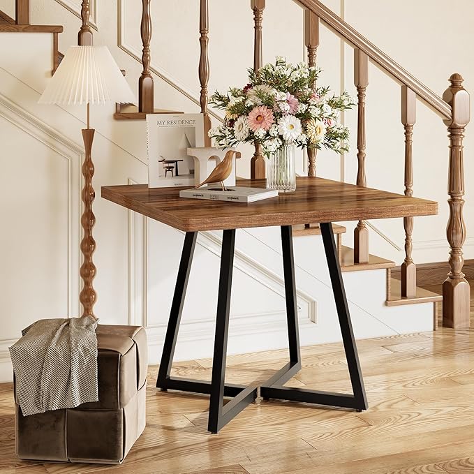 LITTLE TREE 31.5 Inches Small Dining Table for 4, Square Dinner Table for Small Space, Dining Room Tables, Rustic Brown Wooden Kitchen Table with Metal Legs, Modern Leisure Cafe Table for Apartment