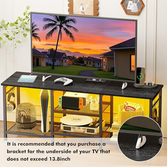 YGEOMER Black TV Stand Entertainment Center for 55 Inch TVs, with Charging Station and Lights Open Storage Shelves, TV Media Console, Open Storage Shelf with Sound Rack for Living Room, Bedroom