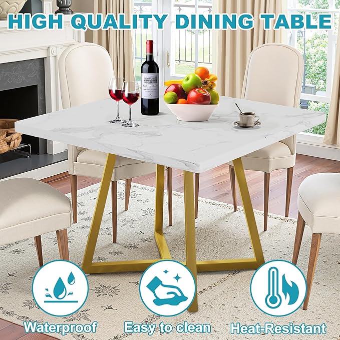 Square Dining Table for 2-4, 31.5" Small Dinner Table with Metal Frame Base Square Kitchen Tables for Dining Room, Kitchen, Living Room, White & Gold