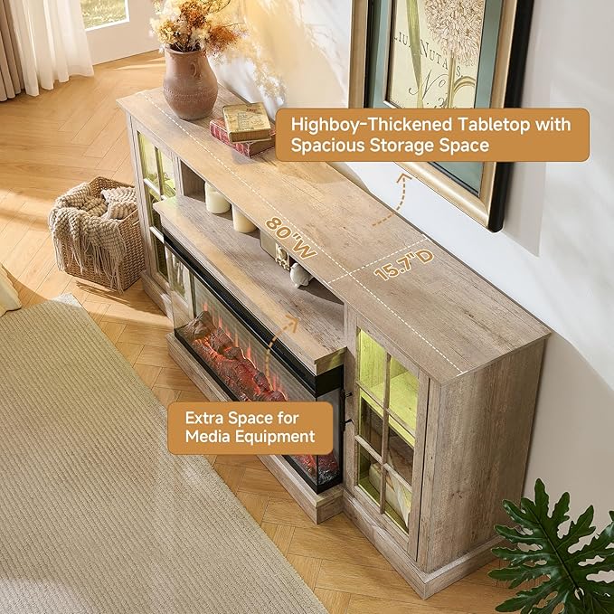 ROCKPOINT 3 Sided Glass 80" Fireplace TV Stand for TVs up to 90", Media Entertainment Center with Glass Door Storage Cabinet for Living Room,36" Electric Fireplace & Adjustable LED Light,Grey