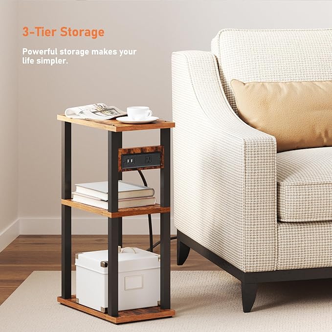 TUTOTAK Small Narrow Side Table with Charging Station, Skinny End Table for Small Spaces, Slim Nightstand with USB Ports and Outlet, Sofa Beside Table with Wheels, Brown TB01BB046