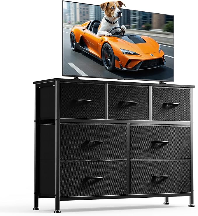DUMOS Dresser for Bedroom, Chest of Drawers, Closet Storage with 7 Drawers, Cloth Dresser Clothes Organizers Tower with Fabric Bins, Metal Frame, Wood Tabletop for Nursery, Guest Room, Living Room