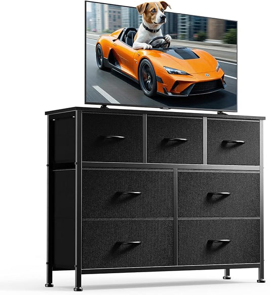 DUMOS Dresser for Bedroom, Chest of Drawers, Closet Storage with 7 Drawers, Cloth Dresser Clothes Organizers Tower with Fabric Bins, Metal Frame, Wood Tabletop for Nursery, Guest Room, Living Room