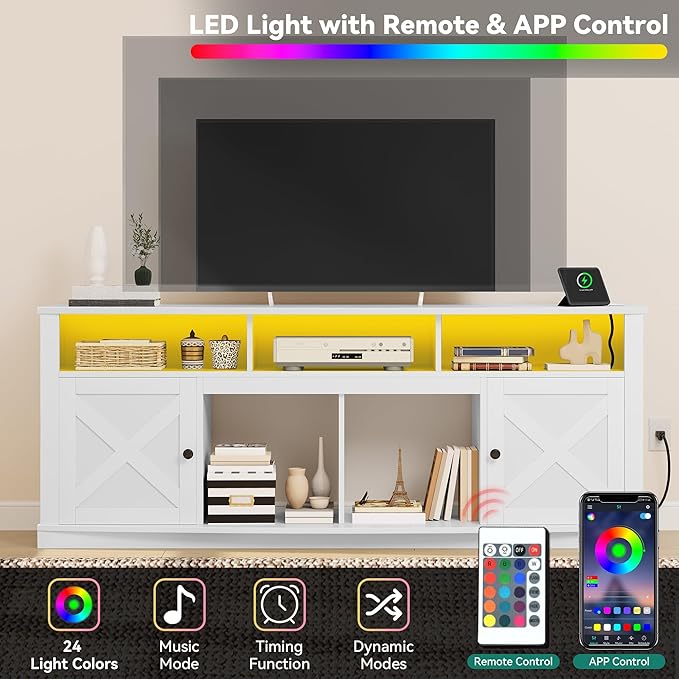 YITAHOME TV Stand for 75/80 Inch TV, White Entertainment Center 70 Inches Wide, Media Furniture TV Table with with Power Outlet, TV Consoles for Living Room, Curved Desktop