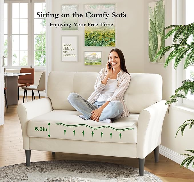 Small Sofa Couch, 48" Loveseat Sofa, Soft Velvet Love Seat Couches, Small Couch for Bedroom with 21" Deep Seat, Comfy Couches for Living Room, Tool-Free Setup Sofas for Living Room, White